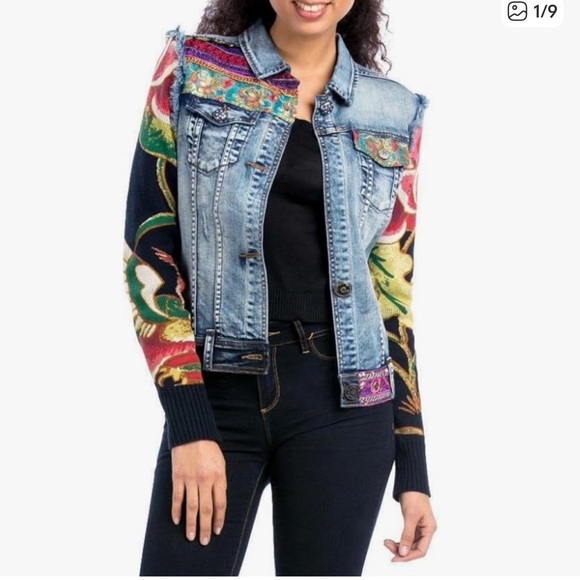 Desigual Denim Jacket with Multicolor Sleeves - Picture 2 of 10